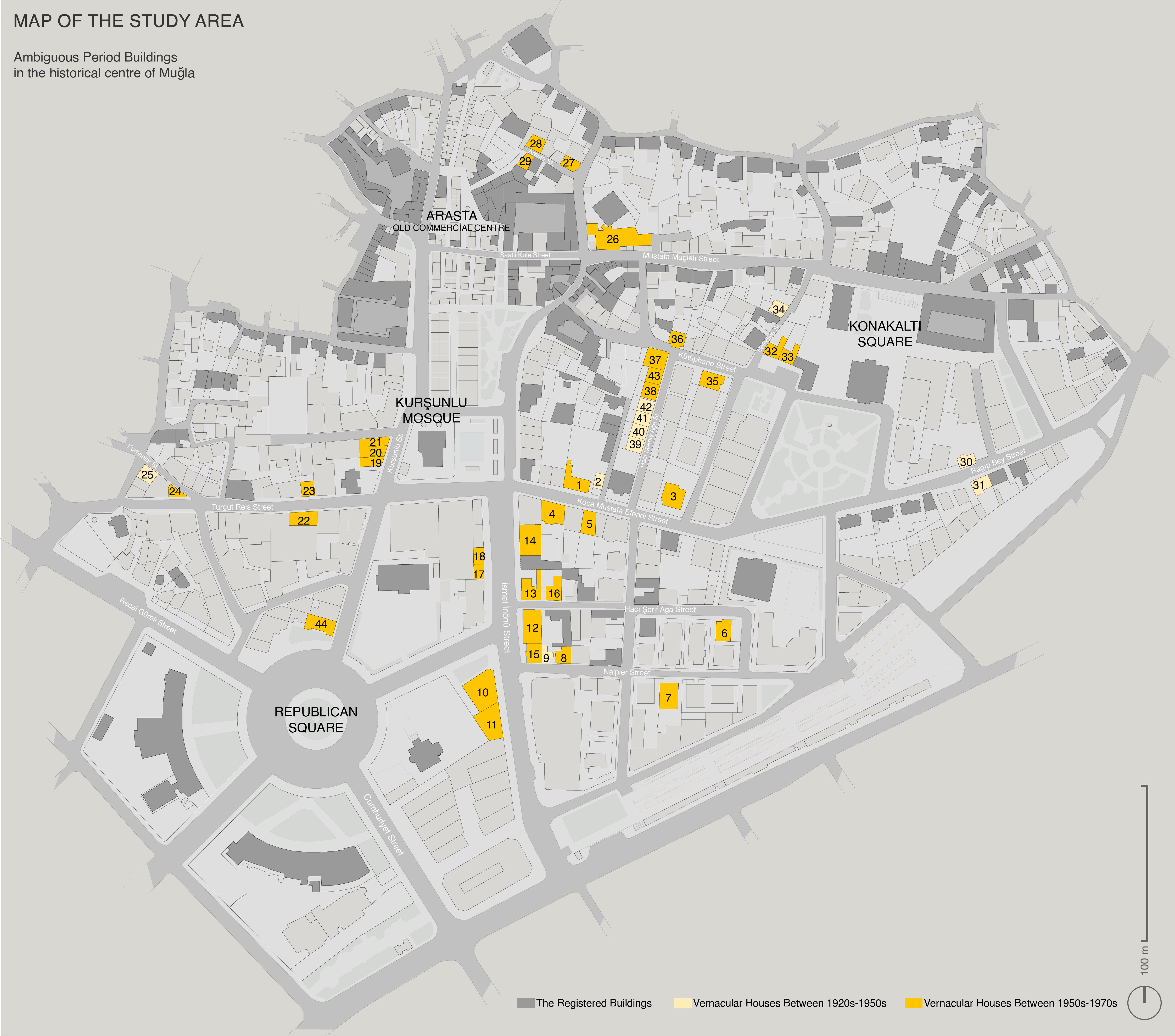 Figure 6. Map of the study area showing the buildings constructed between 1920s and 1970s.