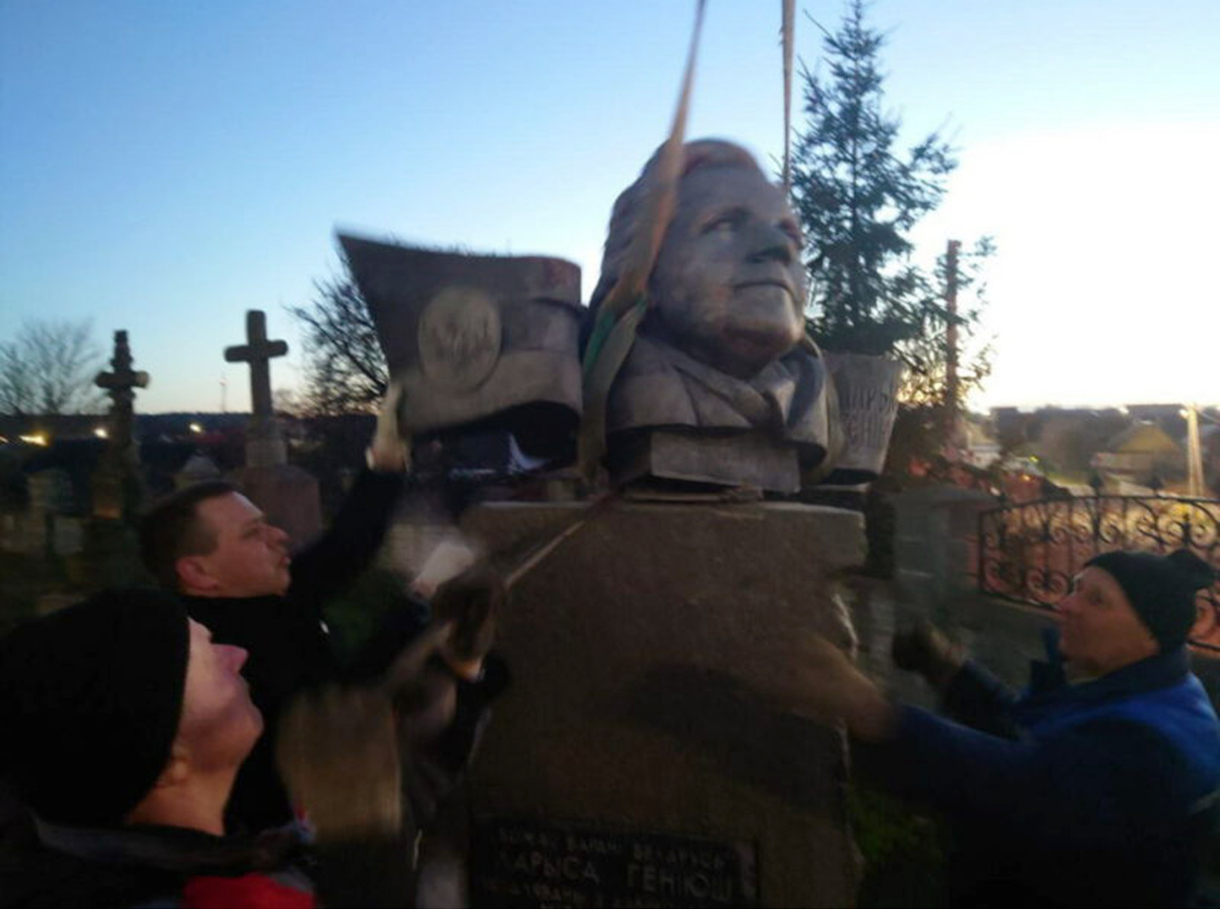 Figure 1. A still from the video documenting the destruction of Larysa Hienijuš’s monument in Zеĺva, Belarus. April 5, 2023, Novy Chas, photograph by Narodnaja Volia