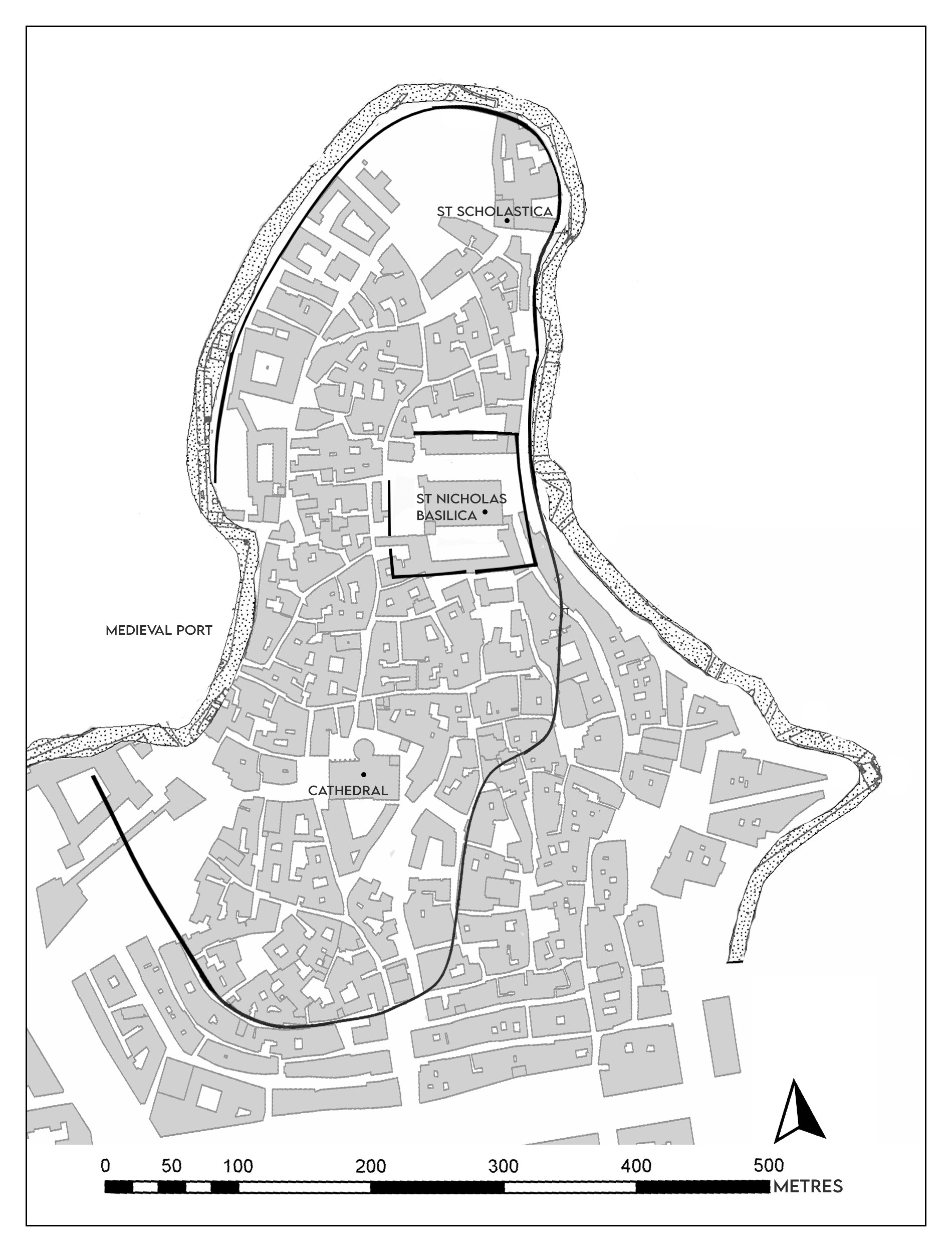 Figure 1. Plan of Bari following Musca’s hypothesis on the location of the twelfth-century walls. Image by the author, based on Musca 1981: 37, Nuzzo 2015: 26