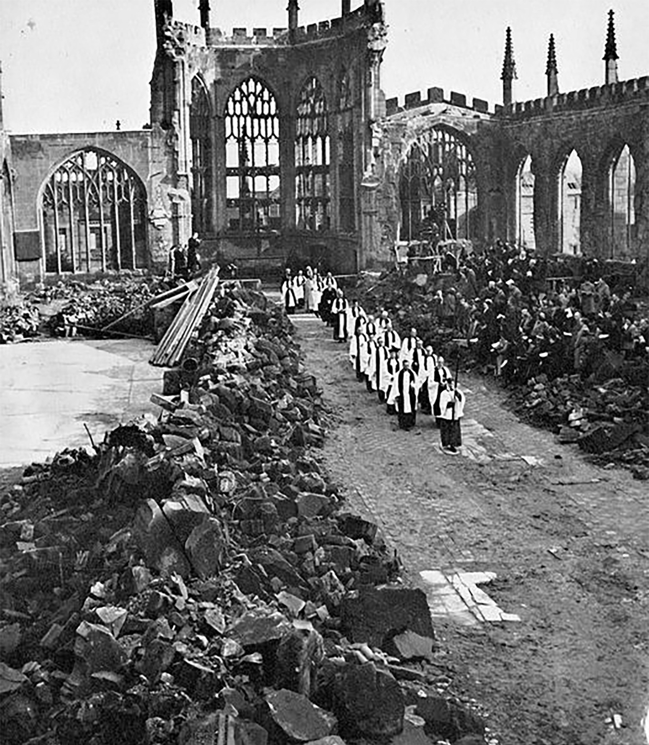 Figure 6. Enthroning ceremony of Bishop Gorton through the ruins of the old Coventry Cathedral. 1943. Private Archive