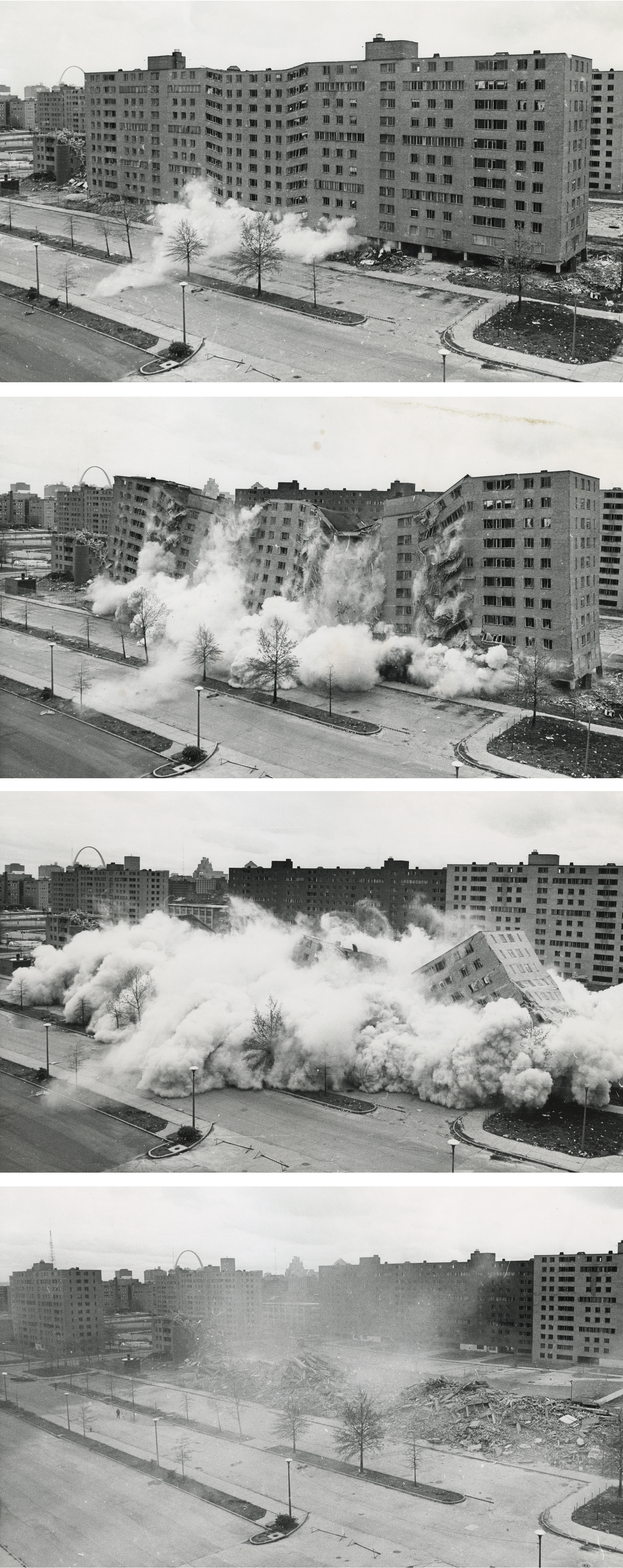 Figure 1. April 1972. The second, widely televised demolition of a Pruitt-Igoe building that followed the March 16 demolition. Source: U.S. Department of Housing and Urban Development. Author: U.S. Department of Housing and Urban Development
