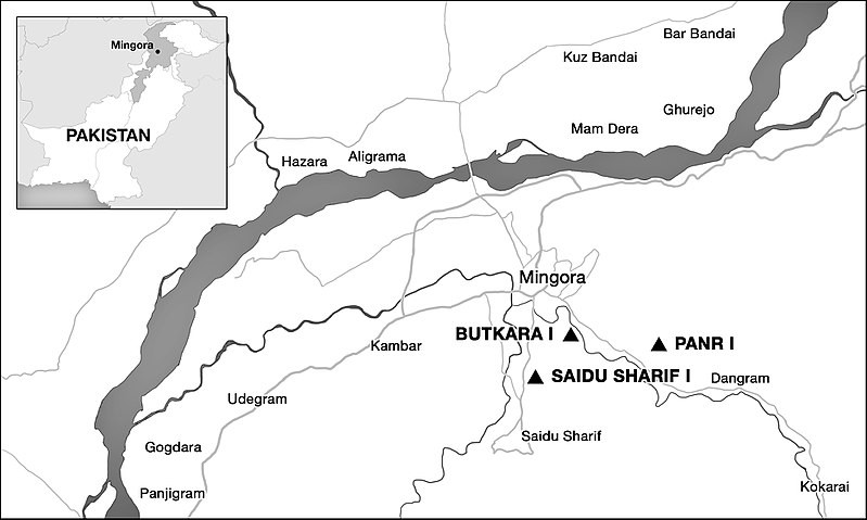 Figure 8. The Swat Valley. Map showing the excavation sites of the Italian Archaeological Mission in Pakistan: Butkara I, Pānr I and Saidu Sharif I. Artwork in the public domain, https://commons.wikimedia.org/wiki/File:Archaeological_Sites_Swat_Valley.jpg, photo by Antonio Amato
