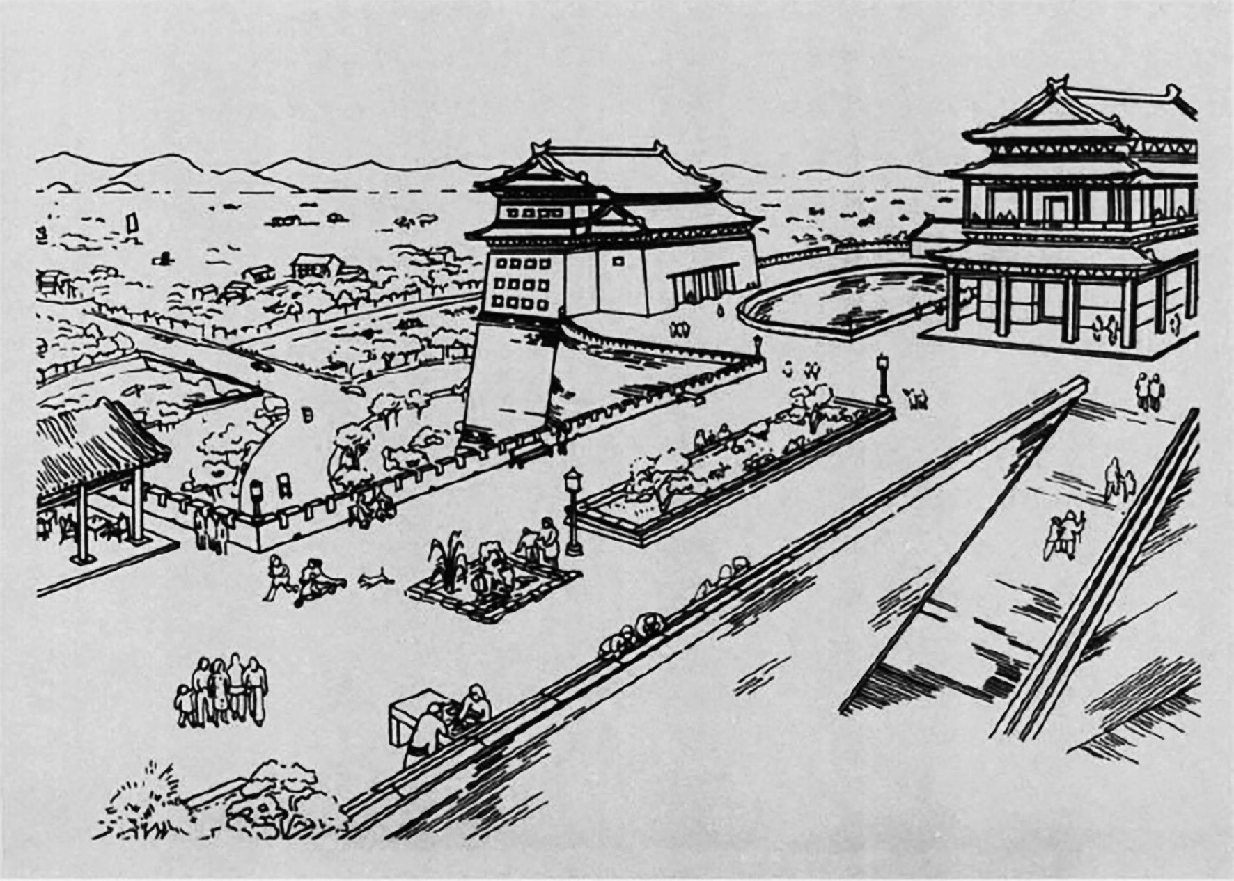 Figure 2. Liang Sicheng, Design for the public park on top of the Beijing City Walls,1950 (from Complete Works of Liang Sicheng. China Building Industry Press)