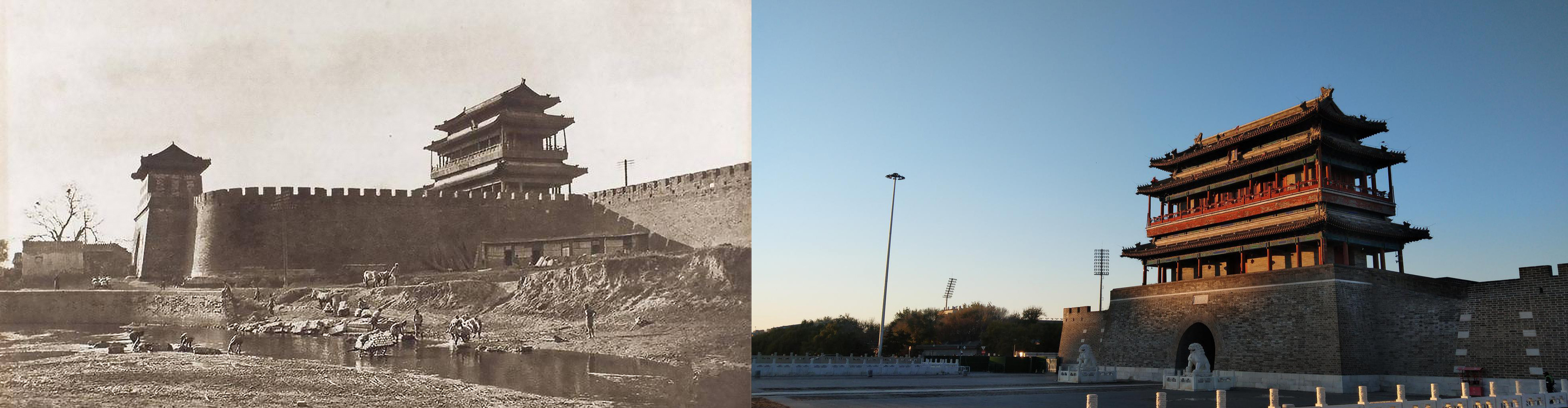 Figure 5. The Yongding Gate in the 1900s and after its reconstruction in 2004 (artwork in the public domain)