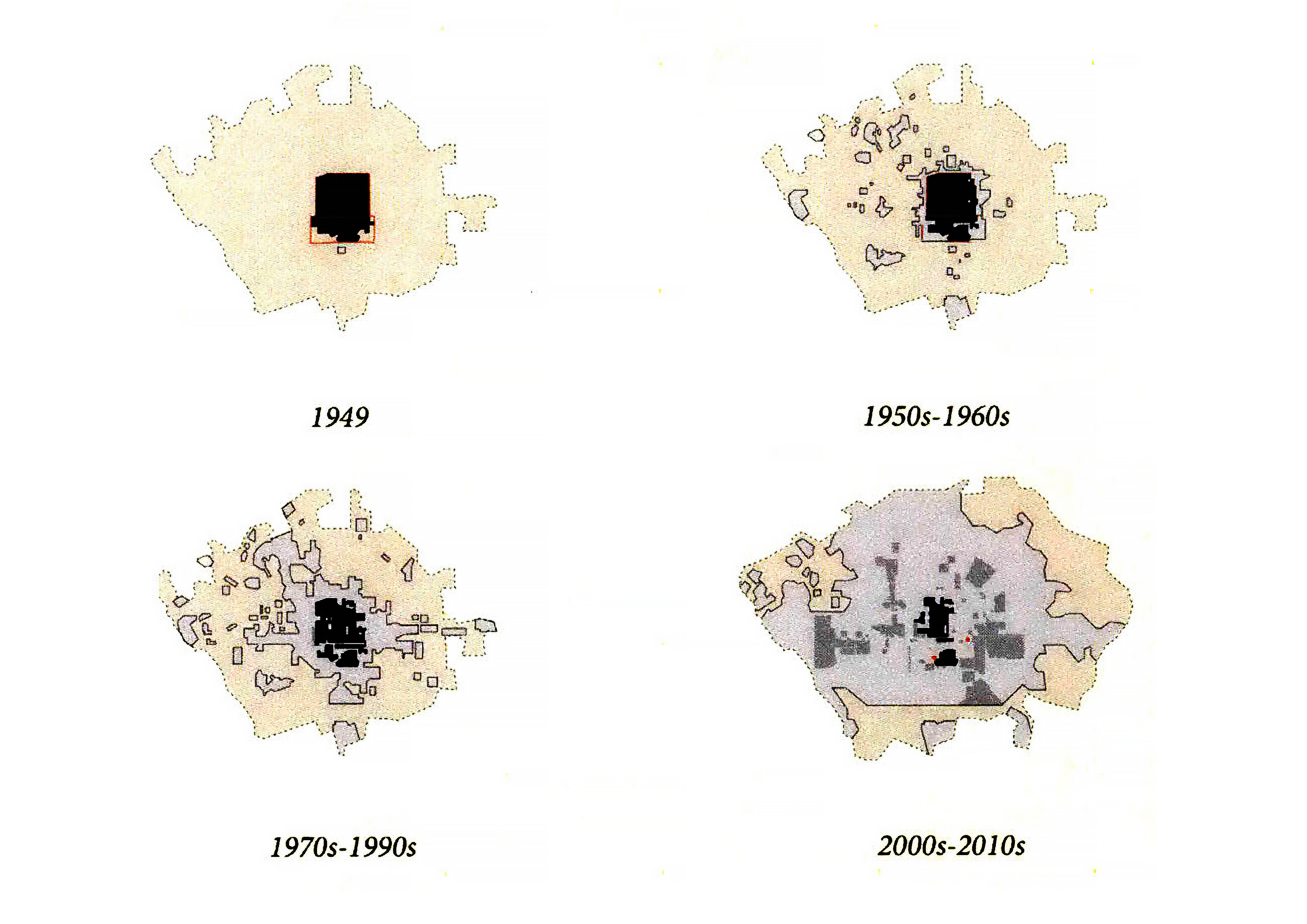 Figure 3. Kaining Peng, The changes of the City Walls and the urban development of Beijing, 2017 (from People's Wall-Reconstructing a New City Wall for the Modern City of Beijing. MIT Libraries Archives)