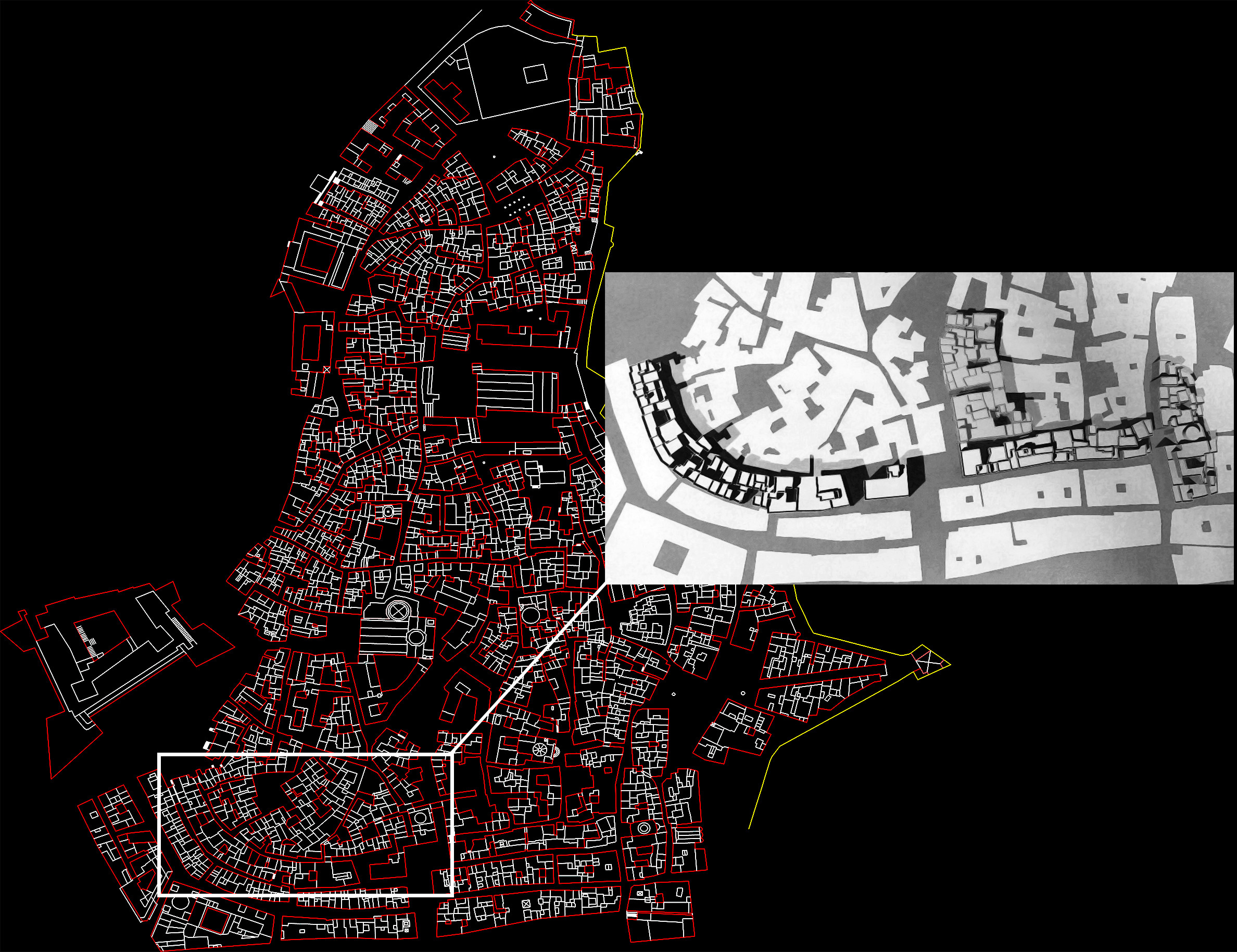 Figure 4. Reconstruction of the most likely location of part of the medieval walls, following the curvature of the buildings (images by Paolo Perfido, reproduced with kind permission)