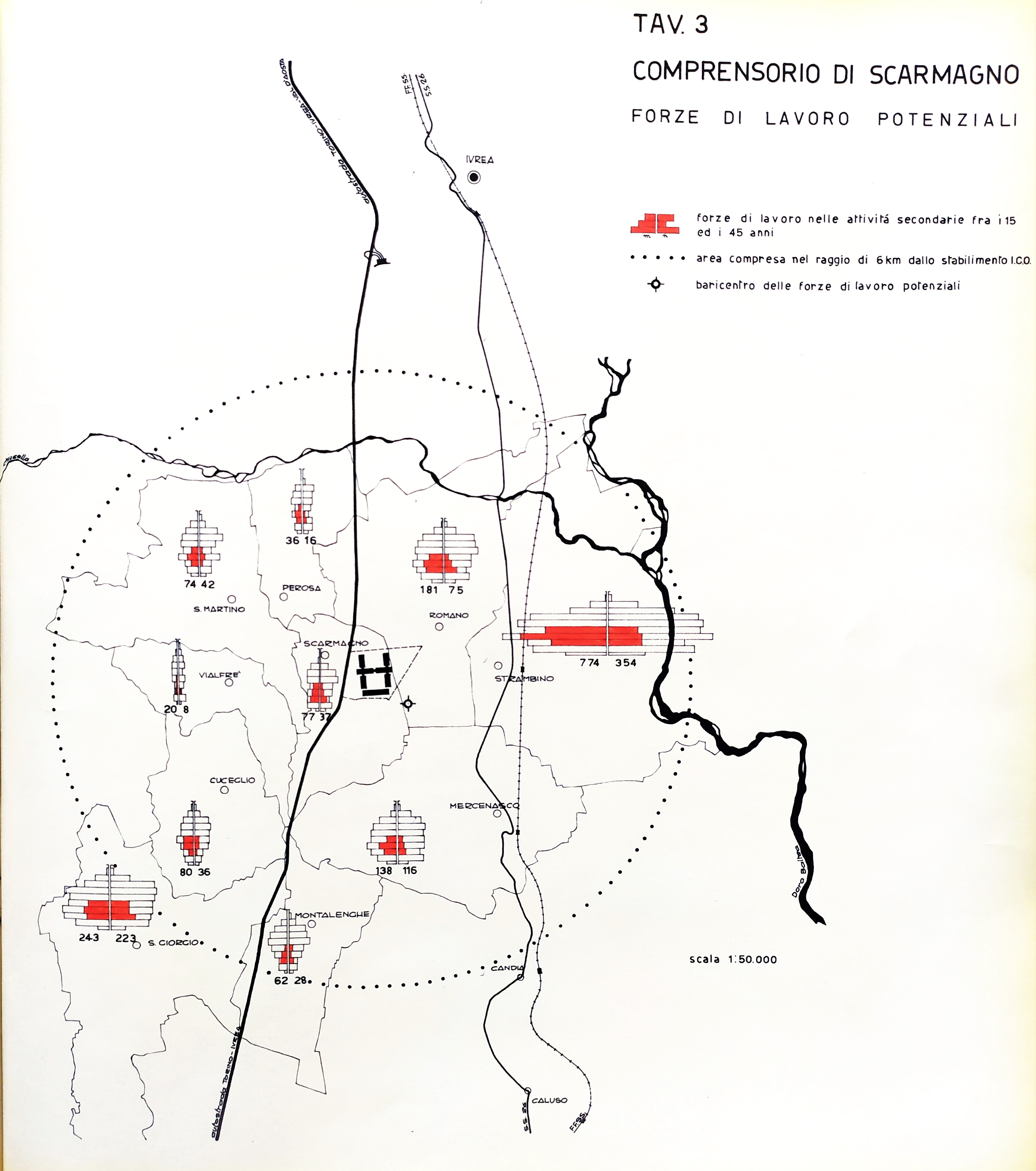 Figure 1. Giovanni Astengo, Tav. 3. Comprensorio di Scarmagno. Forze di lavoro potenziali. 1962. ©Associazione Archivio Storico Olivetti, Società Olivetti, Documentazione stabilimenti e immobili Olivetti, Fasc. 1, Nuovo stabilimento I.C.O. a Scarmagno. Indagine urbanistica e progetto di sistemazione territoriale