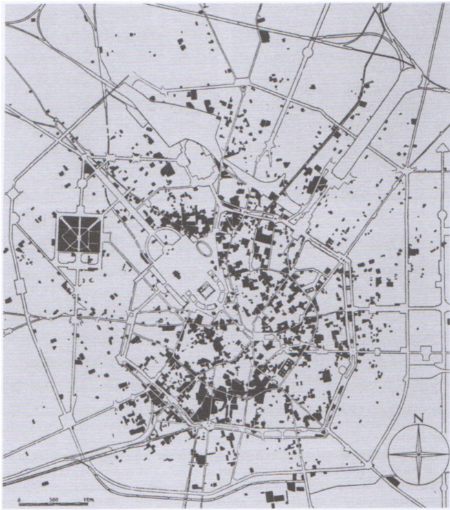 Figure 2. “Tutta la Rovina” - Map of destruction in Milan, in G. De Finetti, Milano, Costruzione di una Città, a cura di G. Cislaghi, M. De Benedetti, P. Marabelli, Hoepli: Milano 2002, p. 432