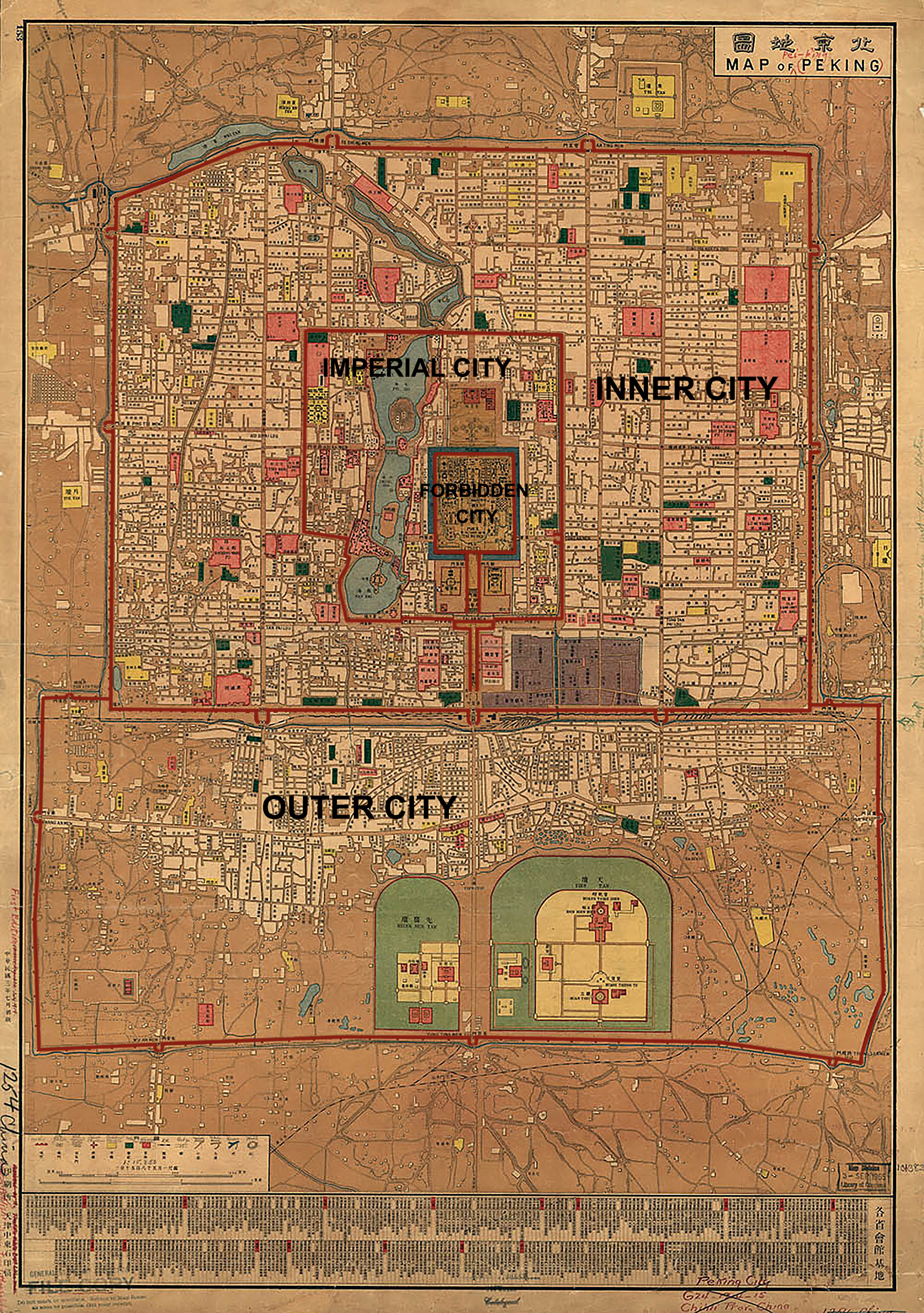 Figure 1. Layout of the Beijing City Walls, 1914 (reworked by the author based on Map of Peking; Printed by Chung Tung Litho Work (Zhong Dong Shi Yin Ju), Tianjin)